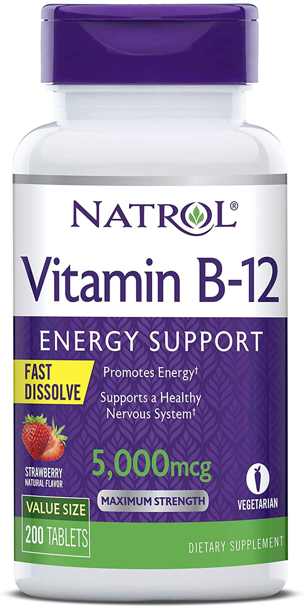 Natrol Vitamin B12 Fast Dissolve Tablets, Promotes Energy, Supports a Healthy Nervous System, Maximum Strength, Strawberry Flavor, 5,000mcg, 200 Count 200 Count (Pack of 1) 200 Tablets - BeesActive Australia