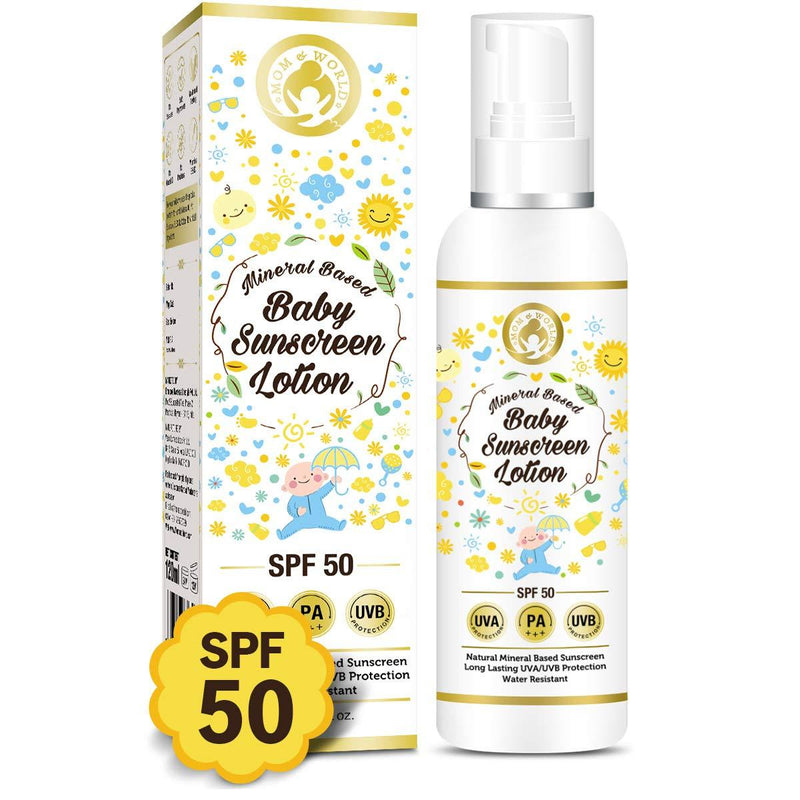 Mom & World Mineral Based Baby Sunscreen Lotion, SPF 50 PA+++, 120ml - UVA/UVB Protection, Water Resistance - BeesActive Australia