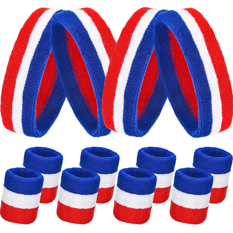 12 Pieces Striped Sweatbands Set, Includes 4 Pieces Sports Headband and 8 Pieces Wristbands Sweatbands Colorful Cotton Striped Sweatband Set for Men and Women(Red White and Blue Set 4, 12 Pieces - BeesActive Australia