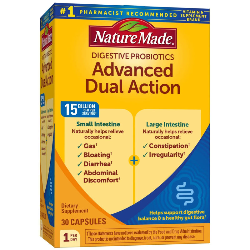 Nature Made Advanced Dual Action Probiotics 15 Billion CFU Per Serving, 30 Capsules, for Gas, Bloating, and Digestive Balance - BeesActive Australia