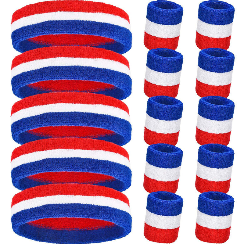 15 Pieces Striped Sweatbands Set, Includes 5 Pieces Sports Headband and 10 Pieces Wristbands Sweatbands Colorful Cotton Striped Sweatband Set for Men and Women(Red White and Blue Set 5, 15 Pieces - BeesActive Australia