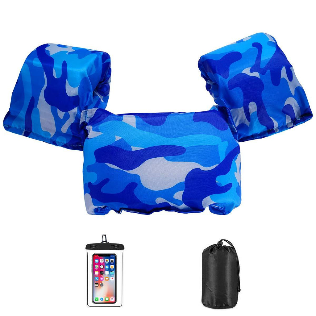 AmazeFan Kids Swim Life Jacket Vest for Swimming Pool, Swim Aid Floats with Waterproof Phone Pouch and Storage Bag,Suitable for 30-50 lbs Infant/Baby/Toddler,Children Puddle/Sea Beach Jumper Blue Camo - BeesActive Australia