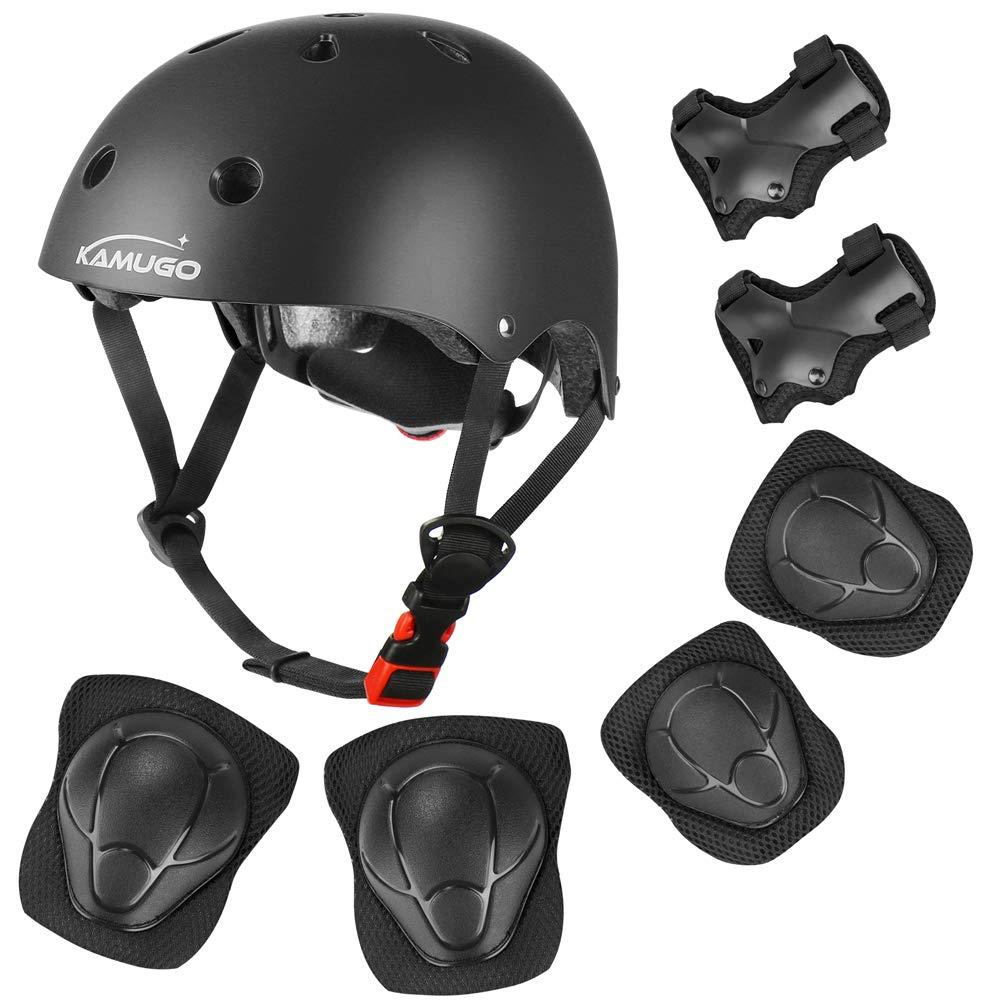 KAMUGO Kids Adjustable Helmet, with Sports Protective Gear Set Knee Elbow Wrist Pads for Toddler Age 5-8 Boys Girls, Bike Skateboard Hoverboard Scooter Rollerblading Helmet Set Black - BeesActive Australia