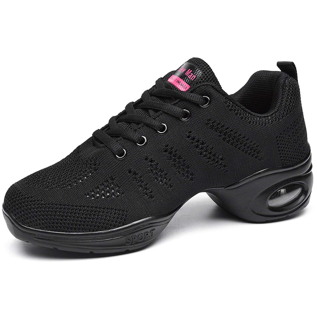 Women's Jazz Shoes Lace-up Sneakers - Breathable Air Cushion Lady Split Sole Athletic Walking Dance Shoes Platform 5 A Black - BeesActive Australia