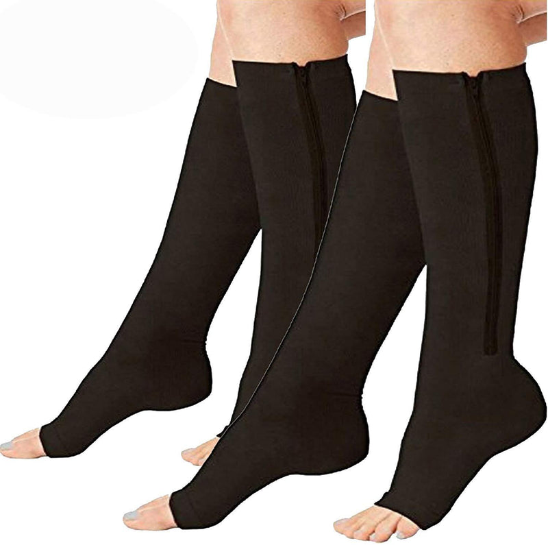 2 Pairs Compression Socks Toe Open Leg Support Stocking Knee High Socks with Zipper Black XX-Large - BeesActive Australia