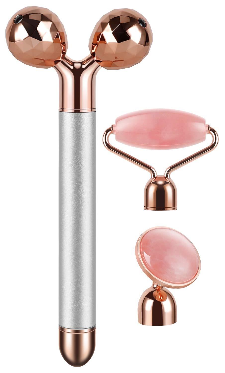 3-IN-1 Electric Jade Roller Vibrating Facial Roller & Face Massager, Rose Quartz Rose Silver - BeesActive Australia