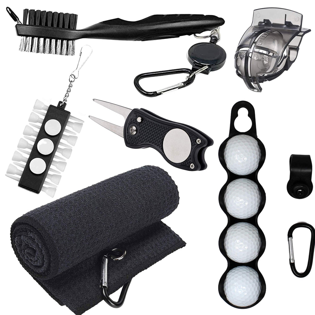 RE GOODS Golf Accessories 6 in 1 Value Pack - Towel, Ball Holder, Golf Club Brush w/Groove Cleaner, Divot Repair Tool, Ball Stencil, Tee Holder, Putting Markers | Gift Set (Golf Balls Not Included) - BeesActive Australia