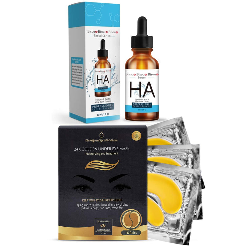 24K Under Eye Collagen Patch, Anti-Aging Mask, Pads for Puffy Eyes & Bags, Dark Circles and Wrinkles including Vitamin C Serum with Hyaluronic Acid for Smooth and Bright Skin (24K EYE MASK + HA) 24K EYE MASK + HA - BeesActive Australia