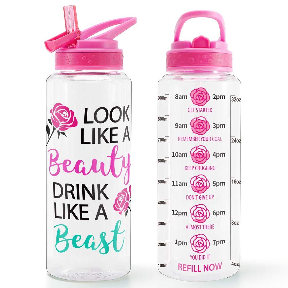 Home Tune 32oz Motivational Water Bottle with Straw & Time Marker, BPA Free Tritan & Dustproof Flip Straw & Leak Proof & Carry Handle & Pretty Design & Easy Clean Beauty & Beast - BeesActive Australia