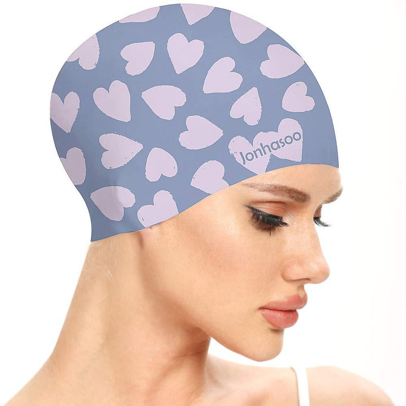 Jonhasoo Silicone Swim Cap for Women Long Hair Adult Swimming Caps with Cute Heart Printed Airy blue - BeesActive Australia