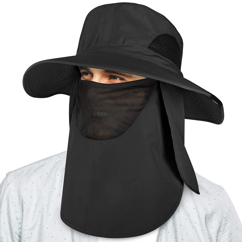 SUN CUBE Fishing Hat Boonie with Face Neck Flap Cover Wide Brim Sun Protection Black - BeesActive Australia