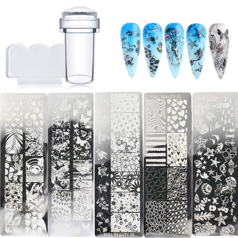 Nail Stamping Plate Set 5sheet Nail Printing Plate + 1 Stamp + 1 Scraper Heart Rose Leaf Flower Undersea Animal Template Pattern Manicure Tool Diy Design Decorative Nail Art - BeesActive Australia