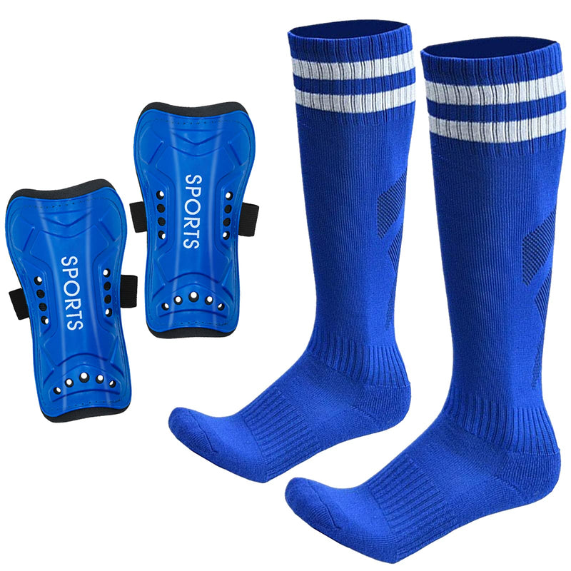 AIMISICAR Soccer Shin Guards Toddler Kids Youth, Shin Pads and Long Soccer Socks for 3-15 Years Old Boys and Girls for Football Games, Lightweight and Breathable Soccer Equipment Shin Guards + Socks, Blue M ( 3'9" - 4'6" Tall ) - BeesActive Australia