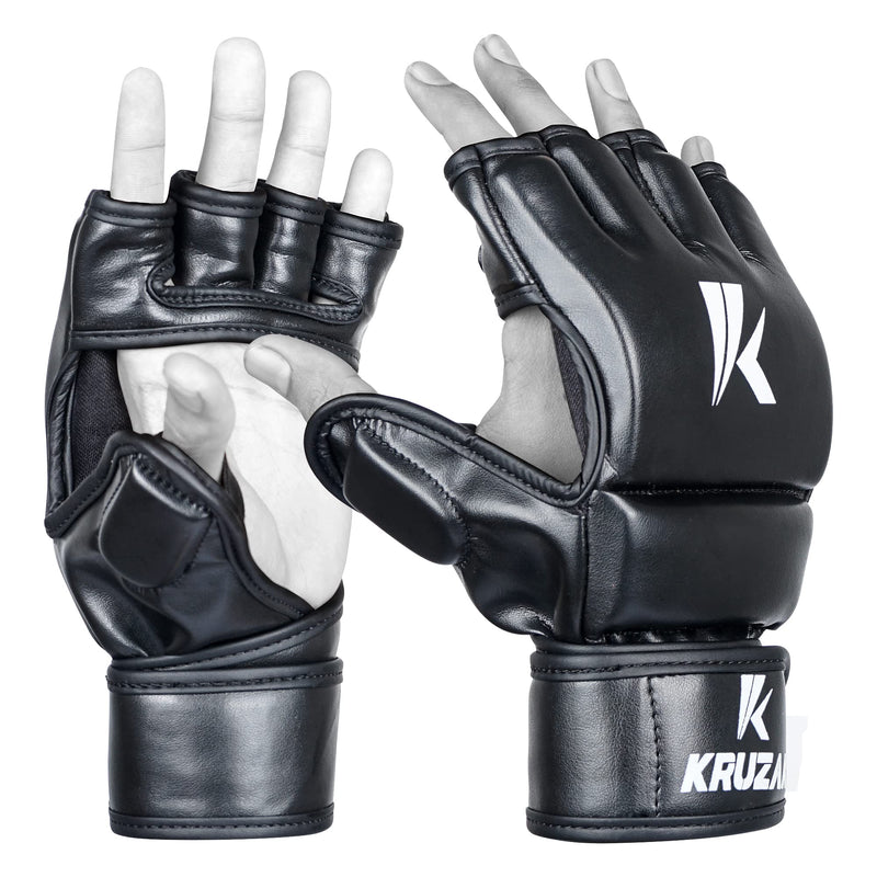 Kruzak MMA Gloves, Men and Womens Half-Finger Boxing Mitts, Hand Wraps with Open Palms for Grappling, Kickboxing, Sanda, Sparring, Muay Thai Black Small-Medium - BeesActive Australia