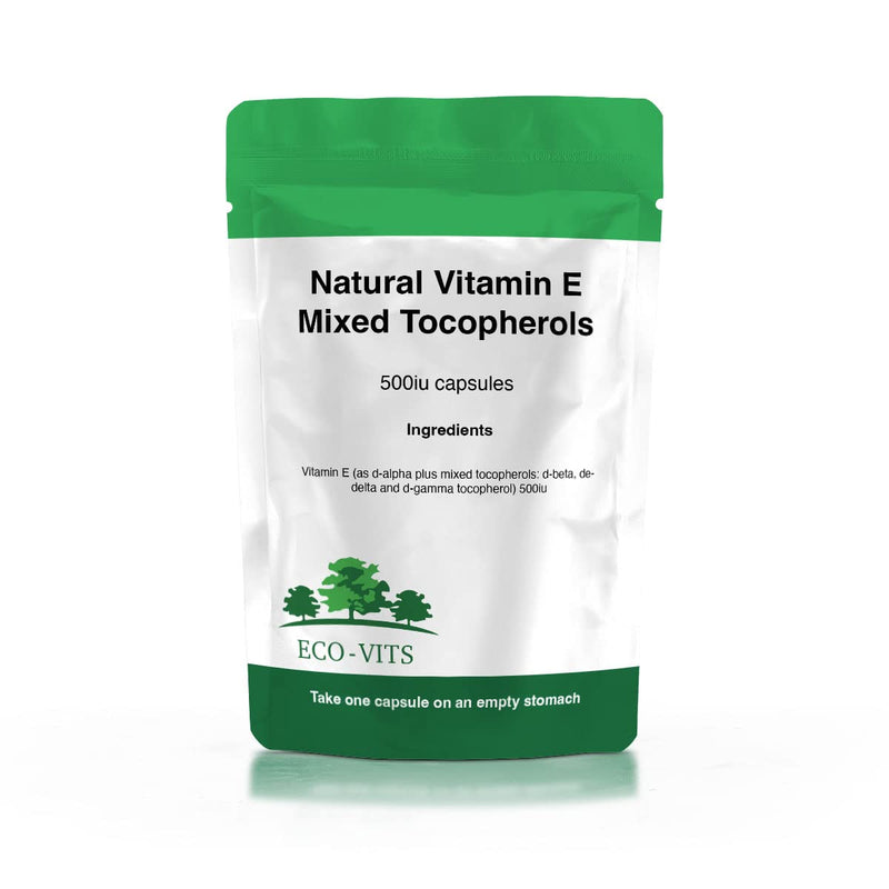 ECO-VITS Natural Vitamin E Mixed TOCOPHEROLS 500iu 120 CAPS. Recyclable Packaging. Sealed Pouch - BeesActive Australia