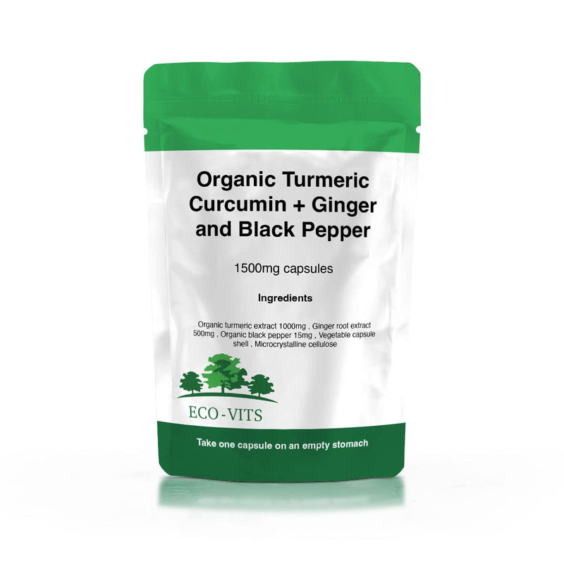 ECO-VITS Turmeric Ginger & Black Pepper (1500MG) 60 CAPS. Recyclable Packaging. Sealed Pouch - BeesActive Australia