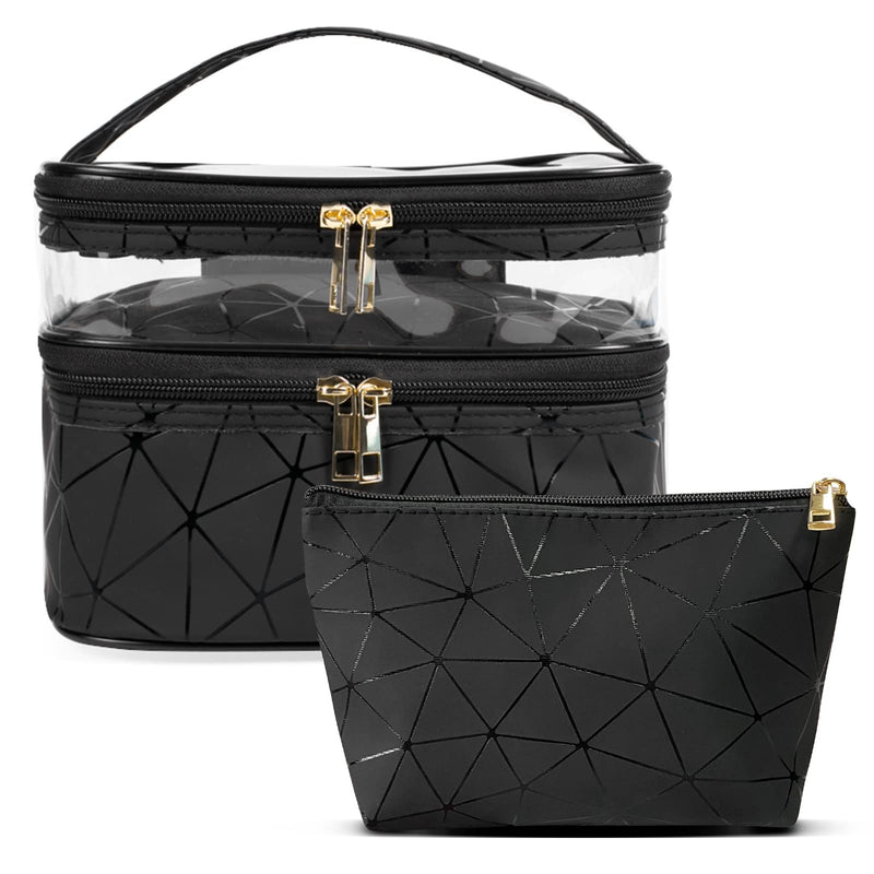 ELCM Makeup Bag 2Pcs Double Layer Travel Cosmetic Bag Waterproof Large Capacity Toiletry Bag Make up Organizer for Women Men Black - BeesActive Australia