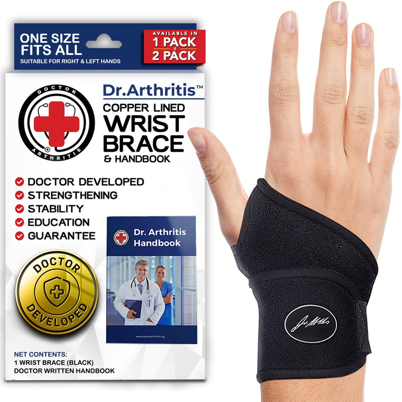 Dr. Arthritis Doctor Developed Copper Wrist Brace/Wrap for Carpal Tunnel Support, Wrist Splint Brace -F.D.A. Medical Device & Doctor Handbook-Night Support for Women Men-Right & Left hands (Single) Single (R or L) - BeesActive Australia