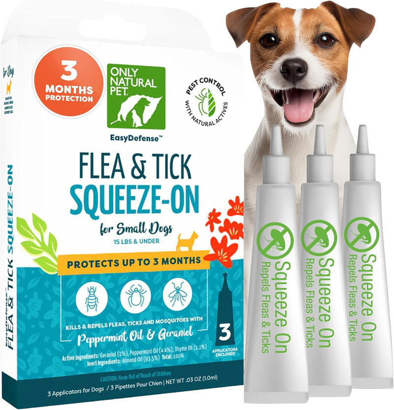 Only Natural Pet Flea and Tick Prevention for Small Breed Dogs (up to 15 lbs) - EasyDefense Flea Remedy - Natural Flea Treatment Control Herbal Squeeze-On Drops - Three Month Supply Single - BeesActive Australia