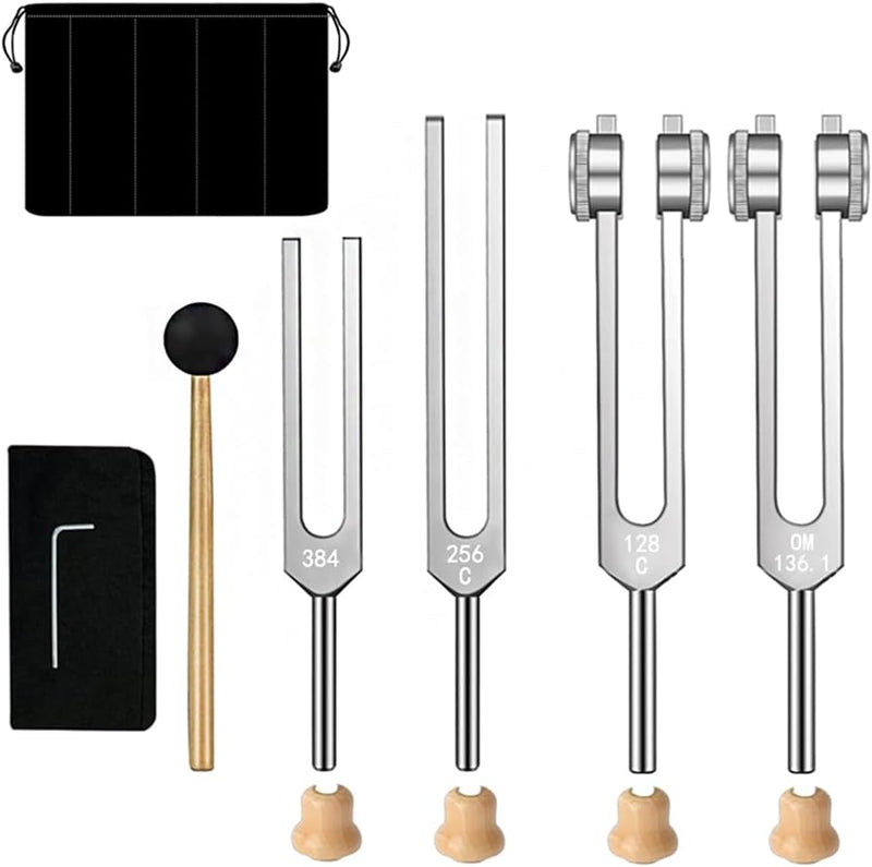 Tuning Fork Set (128 Hz, 136.1 Hz, 256 Hz, 384 Hz): Weighted & Unweighted Tuning Forks Frequency Devices of 4 Pack with Reflex Hammer for Chakra & Sound Meditation