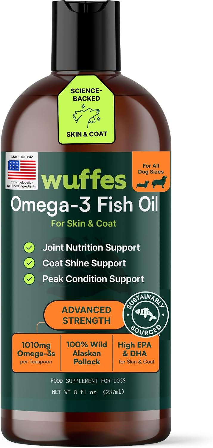 Wuffes Wild Alaskan Pollock Oil for Dogs - Natural EPA & DHA Fatty Acids, Omega 3 for Canines, Supports Healthy Skin and Coat, Joint Nutrition, and Immune System - 100% Pure Fish Oil for Pets - 8 Oz