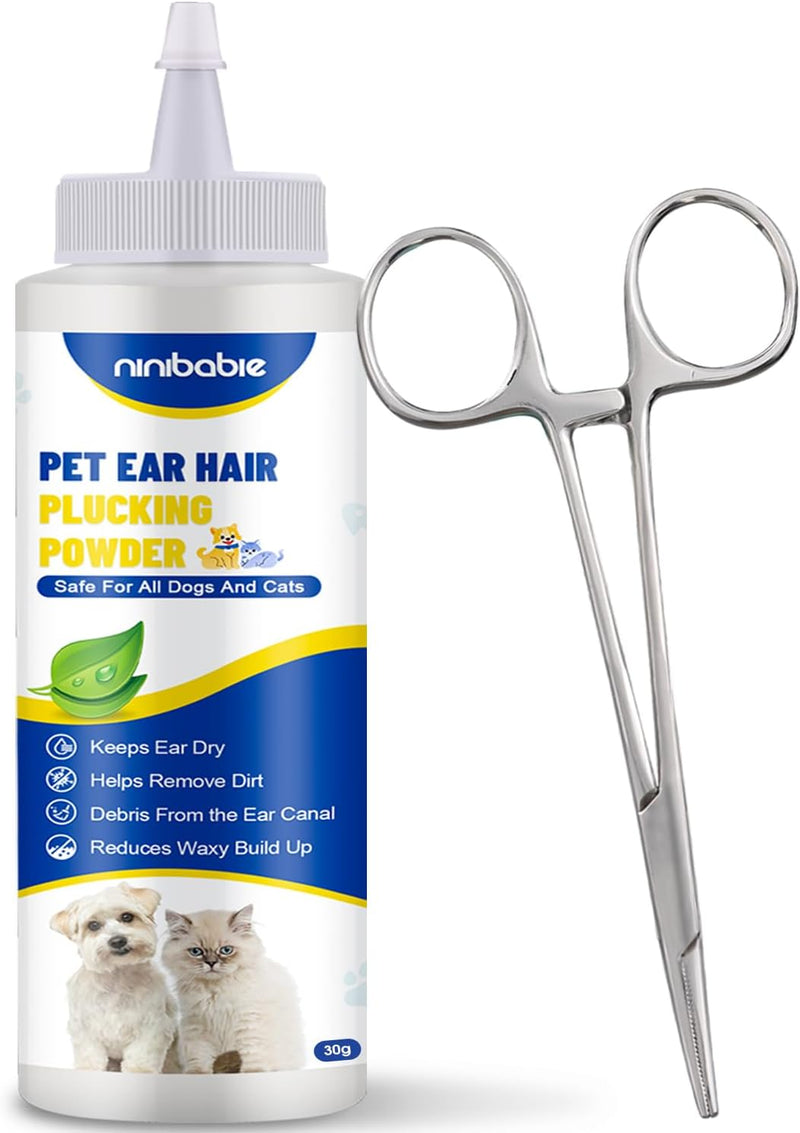 Ear Powder for Dogs Plucking,Dog Ear Infection Treatment with 5.5 Inch Tweezers Curved,Removal Ear Hair Powder,Soothes Itchy Ears & Relieve Scratching ear powder+tweezers