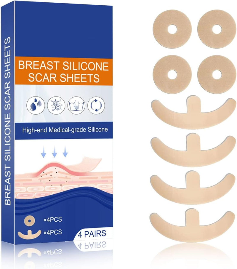 Silicone Scar Sheets for Breast - 8 Pack, Including 4 Areola Soft Strips & 4 Anchor Sheets