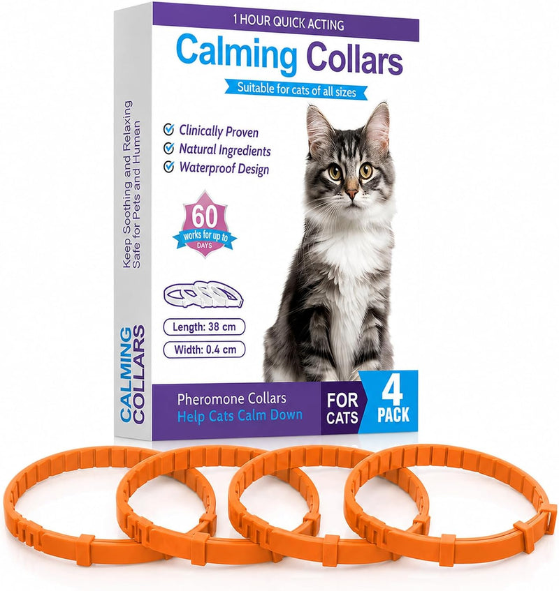 Calming Collar for Cats - Cat Calming Collar Infused with Synthetic Pheromones, Cat Pheromone Diffuser Necklace for Anxiety Relief, Travel, Keeping Quiet - 4 Weeks Supply Each Collar (Orange, 4P)