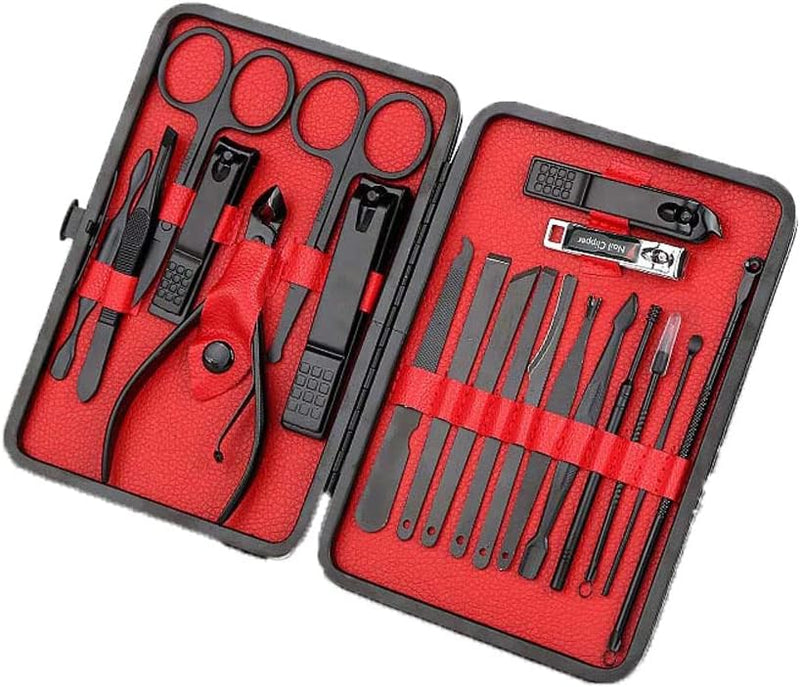 Mens Manicure Set - Mifine 16 In 1 Stainless Steel Professional Pedicure Kit Nail Scissors Grooming Kit with Black Leather Travel Case Second Generation(Red) - BeesActive Australia