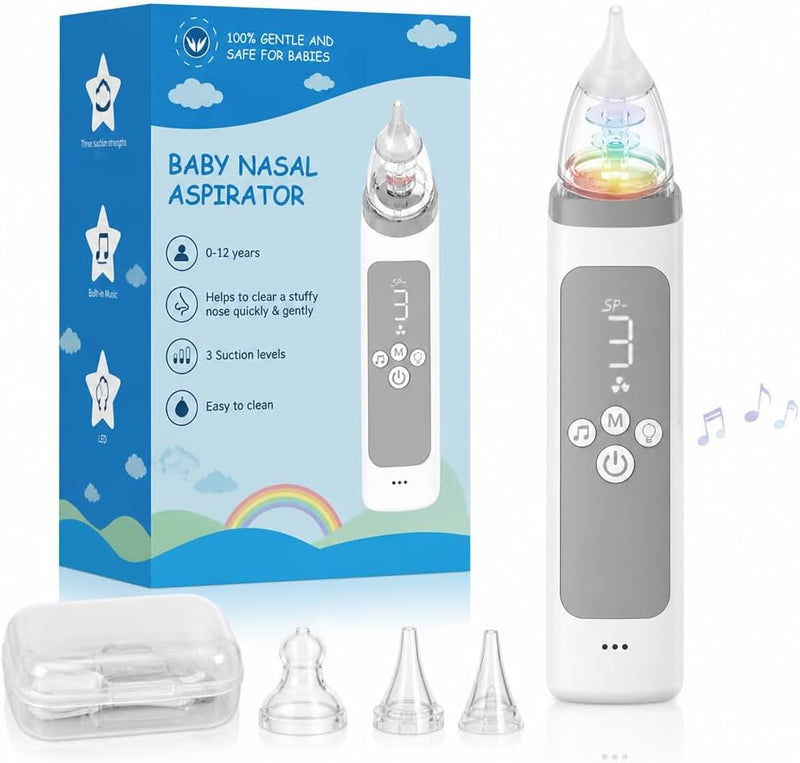 Nasal Aspirator for Baby,Rechargeable Nose Sucker for Baby,Baby Nasal Aspirator with 3 Silicone Tips,Adjustable Suction ,Waterproof Booger Sucker for Baby with Music and Light Function,Blue Blue
