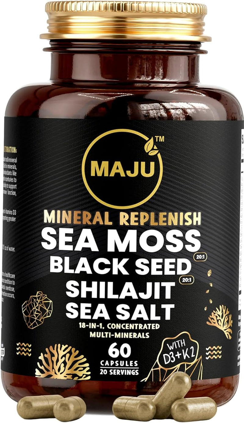 MAJU 18-in-1 Black Seed, Shilajit, Sea Moss, Celtic Sea Salt + D3 & K2, Concentrated Extracts, Trace Multi Mineral Capsules, Men & Women Electrolytes Supplements