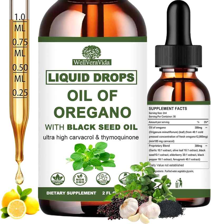 Oil of Oregano with Black Seed Oil Liquid Drops ‚Äì Wild Oregano (90% Carvacrol) and Black Currant Seed Oil ‚Äì Vegan, GMO-Free & High-Potency ‚Äì Supports Immunity, Gut Health & Wellness (Unflavored, 30mL)