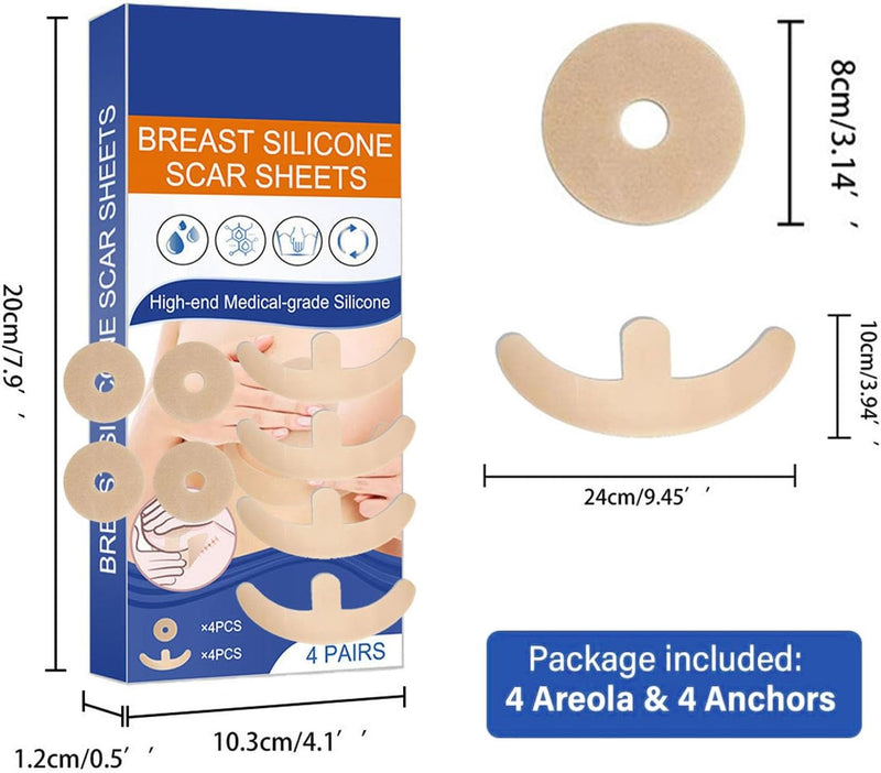 Silicone Scar Sheets for Breast - 8 Pack, Including 4 Areola Soft Strips & 4 Anchor Sheets