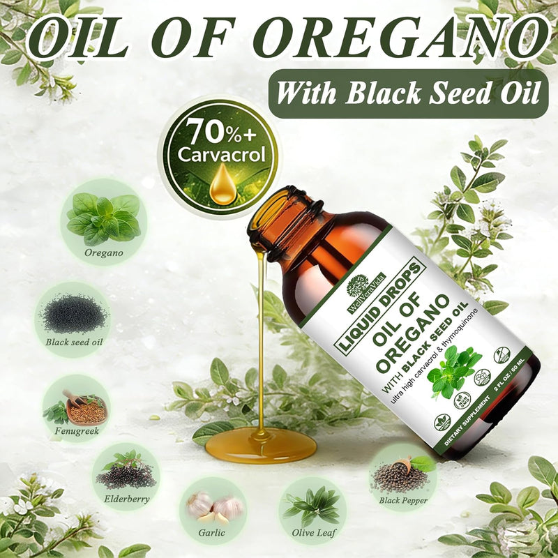 Oil of Oregano with Black Seed Oil Liquid Drops ‚Äì Wild Oregano (90% Carvacrol) and Black Currant Seed Oil ‚Äì Vegan, GMO-Free & High-Potency ‚Äì Supports Immunity, Gut Health & Wellness (Unflavored, 30mL)