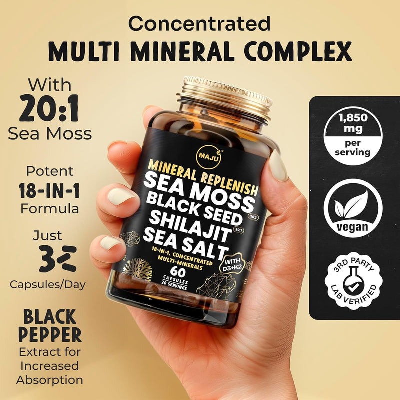 MAJU 18-in-1 Black Seed, Shilajit, Sea Moss, Celtic Sea Salt + D3 & K2, Concentrated Extracts, Trace Multi Mineral Capsules, Men & Women Electrolytes Supplements