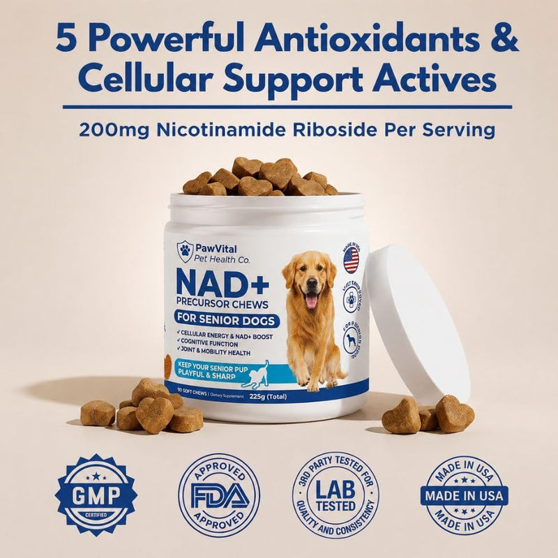 NAD+ Precursor Chews for Senior Dogs – Cellular Energy, Longevity & Cognitive Support – Nicotinamide Riboside, Resveratrol, Quercetin, Glucosamine, Omega-3 – Made with Real Chicken – 90 Count