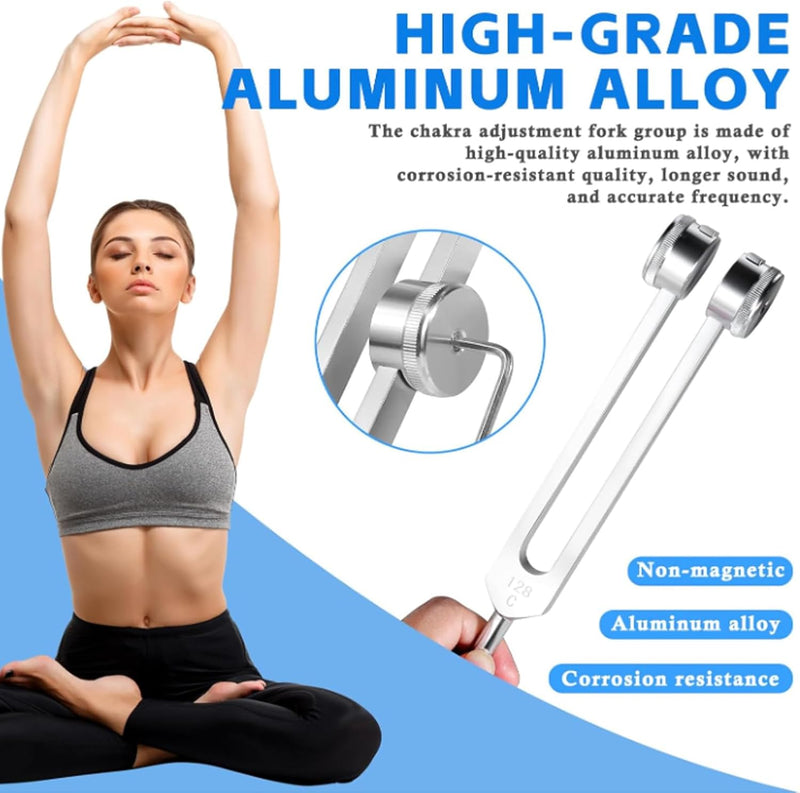 Tuning Fork Set (128 Hz, 136.1 Hz, 256 Hz, 384 Hz): Weighted & Unweighted Tuning Forks Frequency Devices of 4 Pack with Reflex Hammer for Chakra & Sound Meditation