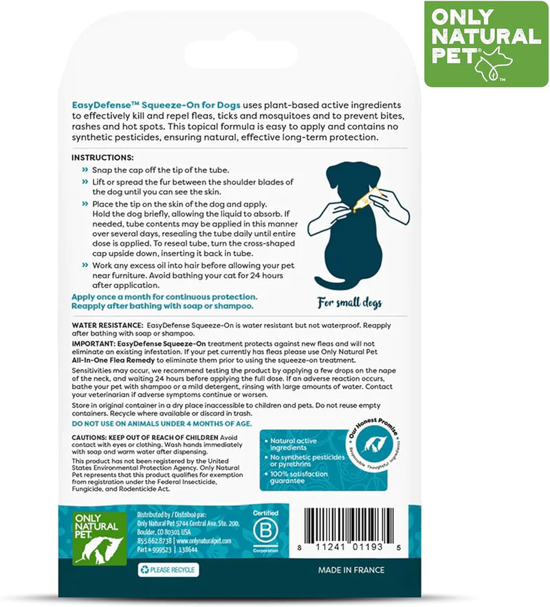 Only Natural Pet Flea and Tick Prevention for Small Breed Dogs (up to 15 lbs) - EasyDefense Flea Remedy - Natural Flea Treatment Control Herbal Squeeze-On Drops - Three Month Supply Single - BeesActive Australia