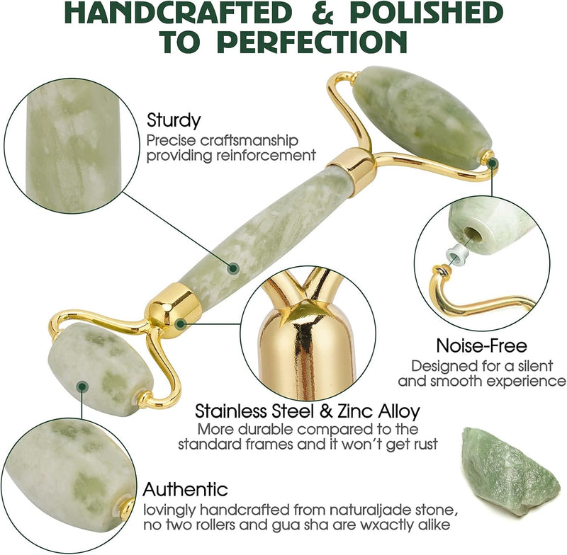 GingerChi Jade Roller for Face - 1 Pc Anti-Aging & Slimming Face Roller for Eyes, Cheeks, Forehead, & Neck, Handmade Skin Care Facial Tool Made from 100% Natural Jade