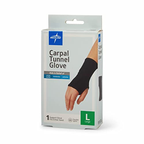 Medline Carpal Tunnel Gloves, Flexible Splint & Beaded Cushion, Size L, Breathable Cotton/Spandex, Black, 1 Each