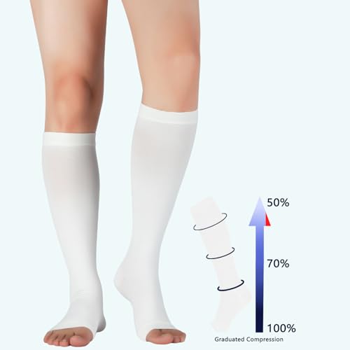 Lin Performance Medical Compression Socks for Women and Men, 20-30 mmHg Open Toe Knee High Stockings, Leg Support for Daily & Travel Comfort (L,White) Large White