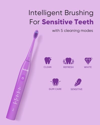 MySmile DY156 Electric Toothbrush for Adults with 3 Brush Heads and Replacement Heads, 3 Packs (Purple)