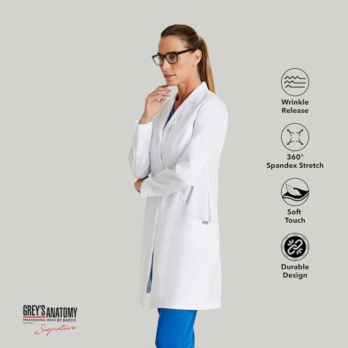 BARCO Grey's Anatomy Scrubs Signature - Penelope Lab Coat for Women, Professional Full-Length 4-Button Long Sleeve 35"- 37" XX-Small White