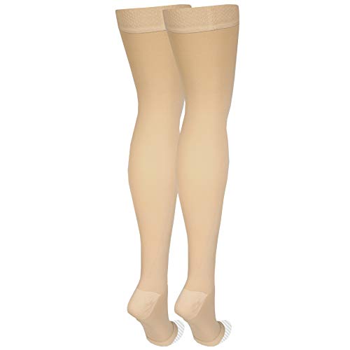 Nuvein Medical Compression Stockings, 20-30 mmHg Support, Women & Men Thigh Length Hose, Open Toe, Beige, Medium