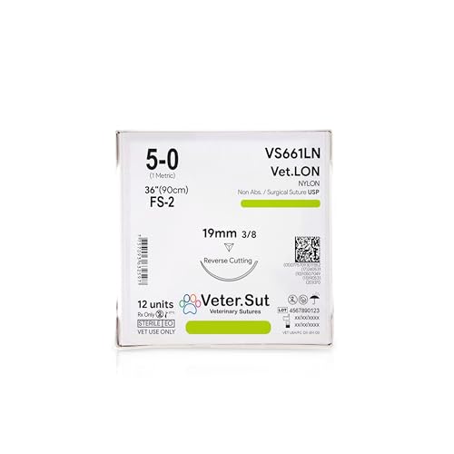 VeterSut VetLON Non-Absorbable Nylon Surgical Suture USP Size 5-0, (FS-2) 3/8 19mm Reverse Cutting Needle, 36 Inches (90 cm), 12 Count, Veterinary Use
