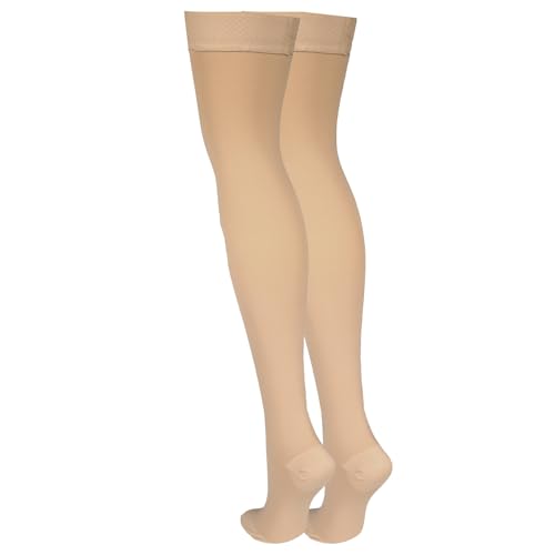 NuVein Medical Compression Stockings, 30-40 mmHg Support, Women & Men Thigh Length Hose, Closed Toe, Beige, Medium 30 - 40 mmHg