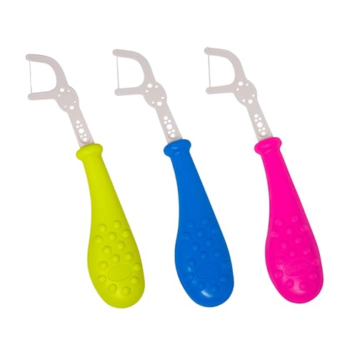 RADIUS EcoFlex Kids Floss Pick Starter Kit, Sustainable Compostable Dental Flossers for Small Mouths, BPA-Free & Non-Toxic, 14 CT Refills + 1 Reusable Handle, Pink, Blue and Chartreuse, Pack of 3 Hot Pink, Sapphire Blue, Chartreuse 1 Count (Pack of 3)