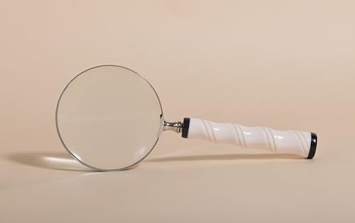 10X Magnifying Glass Lens with Nickle Finish & Carved White Resin Handle – Large Handheld Magnifying Glass for Reading, Vintage, Big Magnifying Reader (White)