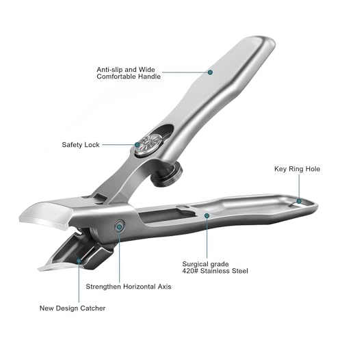 Ingrown Toenail Clippers with Wide Jaw Slanted Blades, Anti-Splash Safety Lock Ultra Sharp Toe Nail Clippers for Thick Nails for Seniors Men Adult Women, Comes with Metal File and Storage Case Silver Large