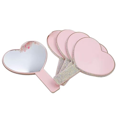 Generic Luxury 2 Pc Bling Diamond Rhinestone Heart Shaped Handheld Cosmetic Travel Mirror (Pink and Black)